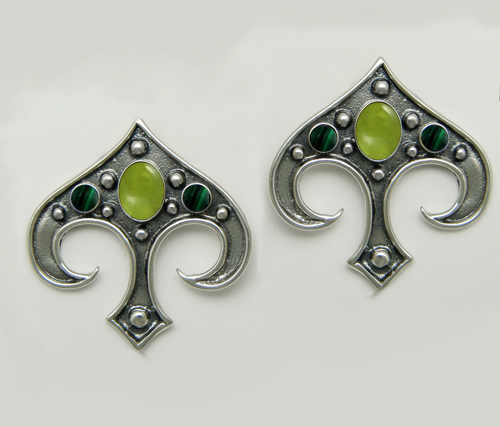 Sterling Silver Gothic Inspired Drop Dangle Earrings With Peridot And Malachite